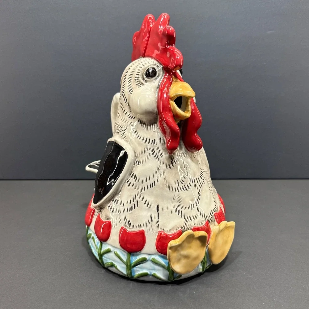 Blue Sky Heather Goldminc Rooster Teapot Ceramic Red Tulip 18363 Farmhouse Decor
